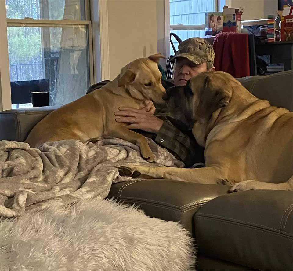 Une femme trouve son père en train de faire la sieste avec des chiens