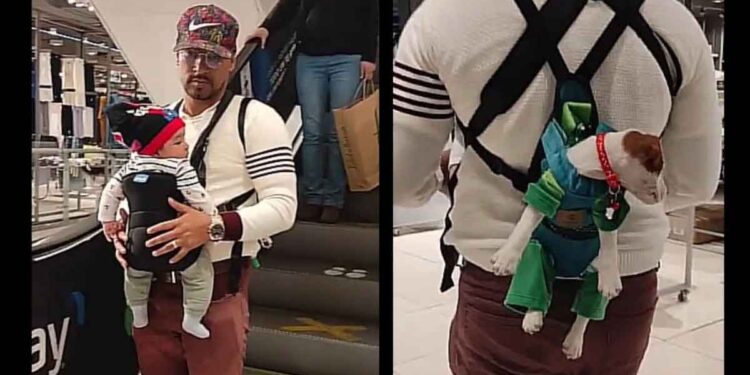 Un homme utilise un double sac banane pour transporter son bébé et son chien en même temps