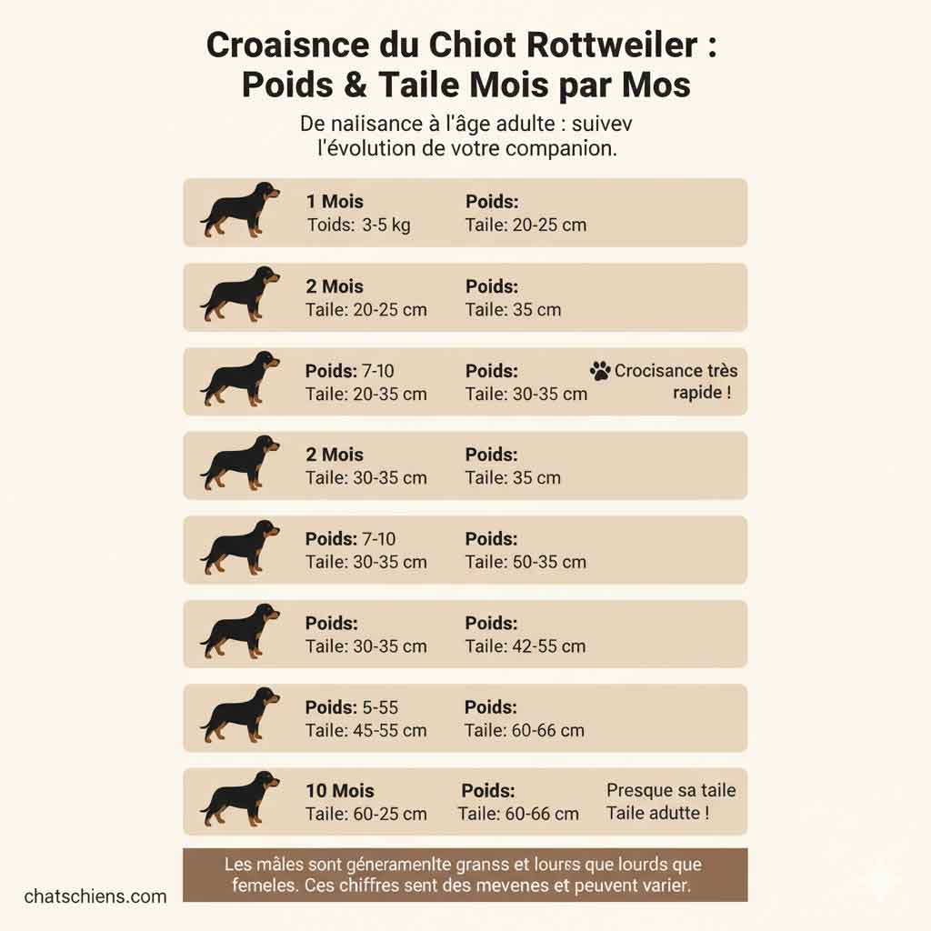 Poids et taille d’un chiot Rottweiler par mois
